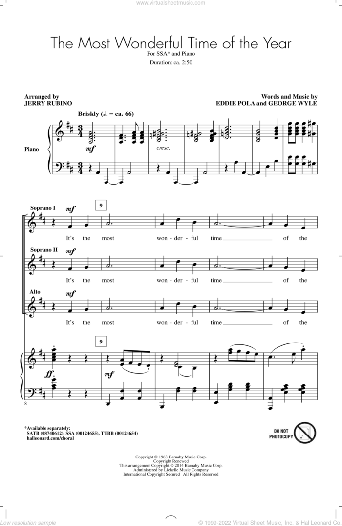 The Most Wonderful Time Of The Year sheet music for choir (SSA: soprano, alto) by George Wyle, Jerry Rubino, Andy Williams and Eddie Pola, intermediate skill level