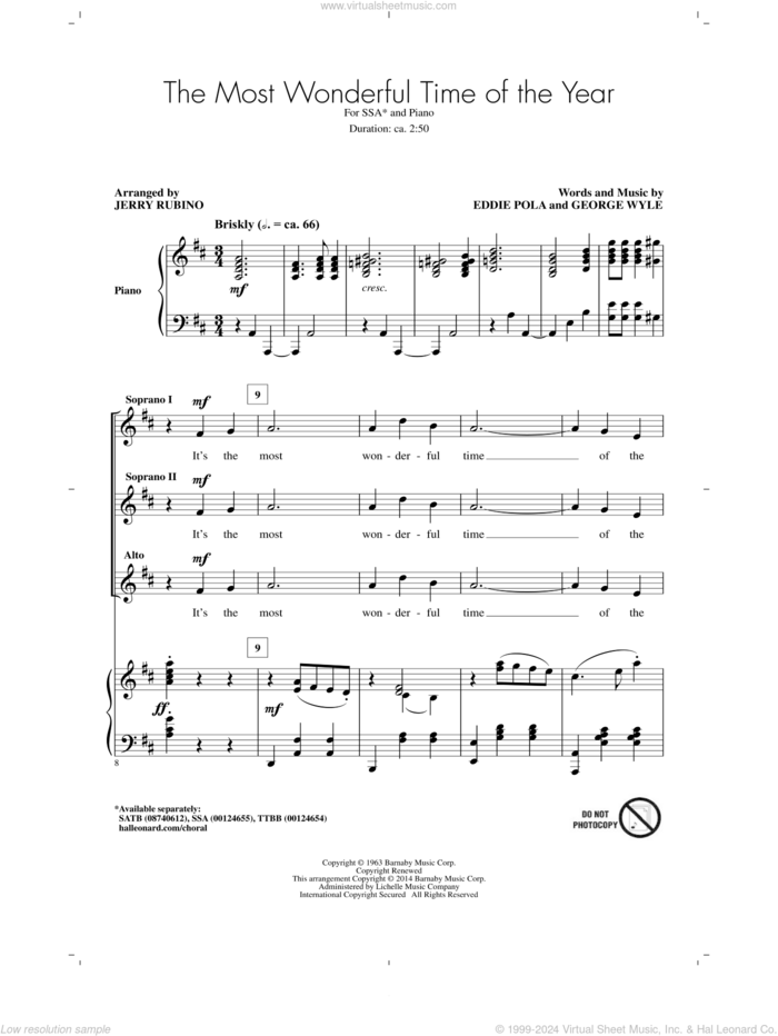 The Most Wonderful Time Of The Year sheet music for choir (SSA: soprano, alto) by George Wyle, Jerry Rubino, Andy Williams and Eddie Pola, intermediate skill level