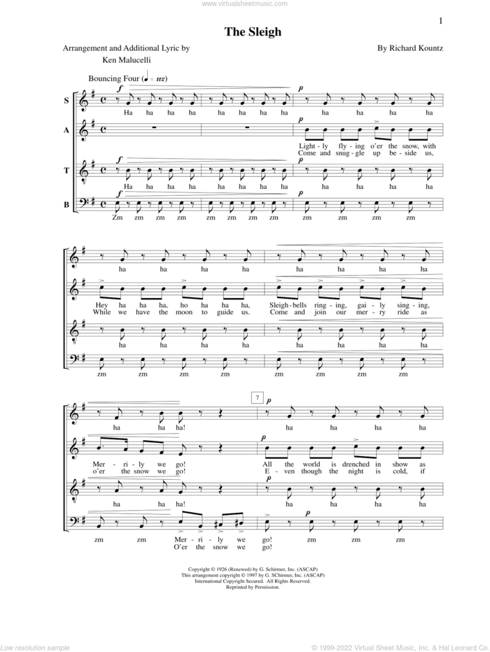 The Sleigh sheet music for choir (SATB: soprano, alto, tenor, bass) by Richard Kountz, Anne Raugh and Ken Malucelli, intermediate skill level