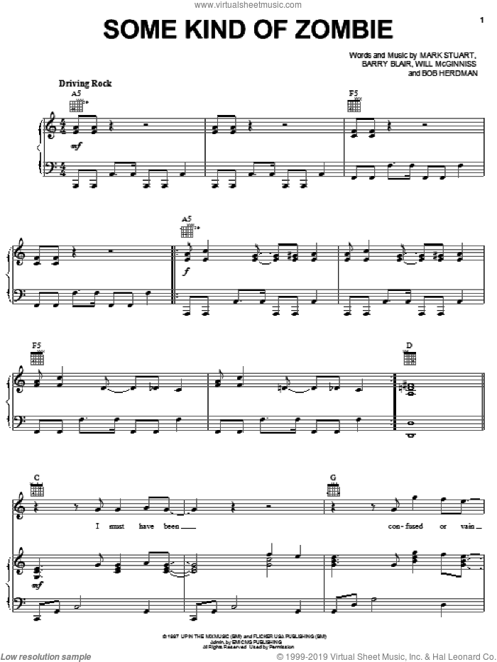 Some Kind Of Zombie sheet music for voice, piano or guitar by Audio Adrenaline, Barry Blair, Bob Herdman, Mark Stuart and Will McGinniss, intermediate skill level