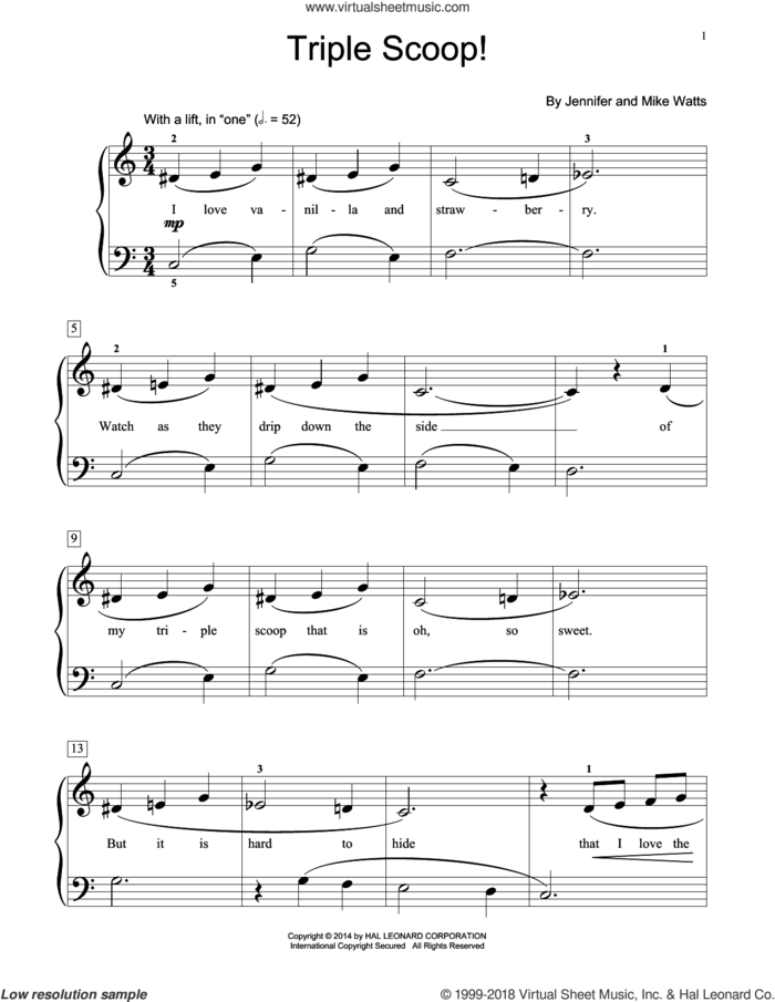 Triple Scoop! sheet music for piano solo (elementary) by Jennifer Watts and Mike Watts, beginner piano (elementary)