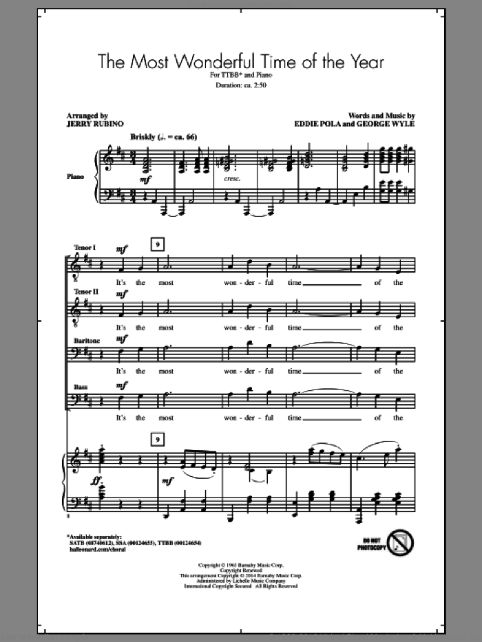 The Most Wonderful Time Of The Year sheet music for choir (TTBB: tenor, bass) by George Wyle, Jerry Rubino, Andy Williams and Eddie Pola, intermediate skill level
