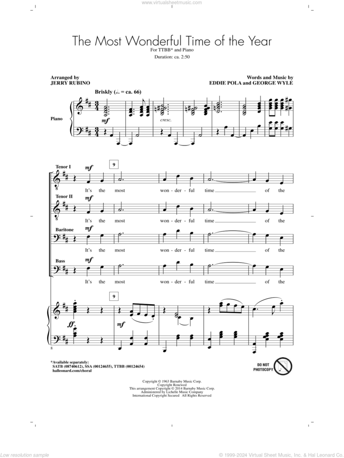 The Most Wonderful Time Of The Year sheet music for choir (TTBB: tenor, bass) by George Wyle, Jerry Rubino, Andy Williams and Eddie Pola, intermediate skill level