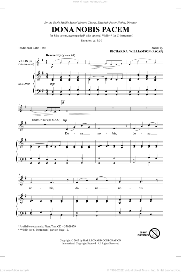 Dona Nobis Pacem sheet music for choir (SSA: soprano, alto) by Richard A. Williamson, intermediate skill level