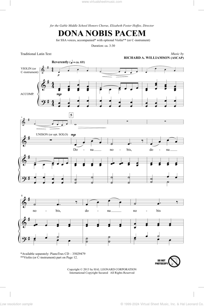 Dona Nobis Pacem sheet music for choir (SSA: soprano, alto) by Richard A. Williamson, intermediate skill level