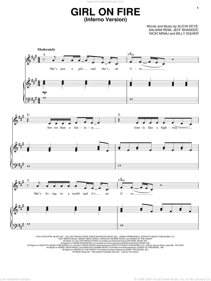 Girl On Fire (Inferno Version) sheet music for voice and piano by Alicia Keys Featuring Nicki Minaj, Alicia Keys, Billy Squier, Jeff Bhasker, Nicki Minaj and Salaam Remi, intermediate skill level