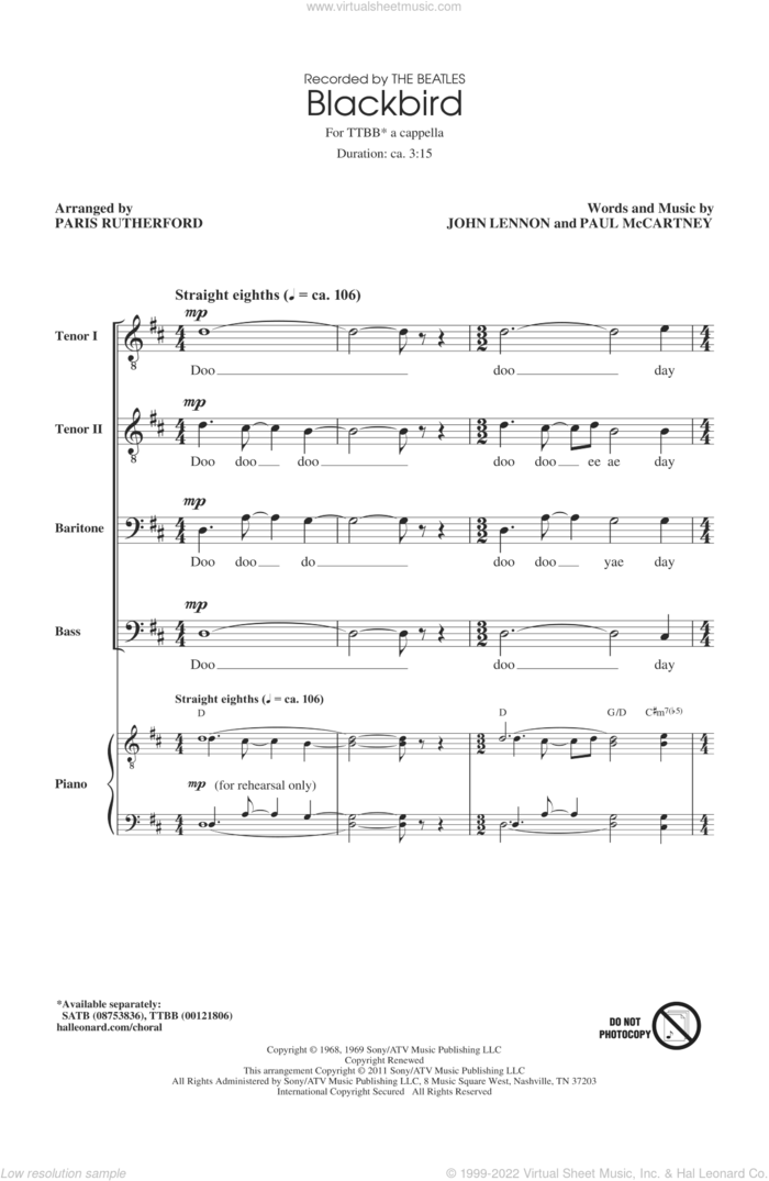 Blackbird sheet music for choir (TTBB: tenor, bass) by The Beatles, Glee Cast, Paris Rutherford, Wings, John Lennon and Paul McCartney, intermediate skill level
