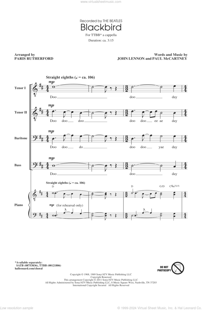 Blackbird sheet music for choir (TTBB: tenor, bass) by The Beatles, Glee Cast, Paris Rutherford, Wings, John Lennon and Paul McCartney, intermediate skill level