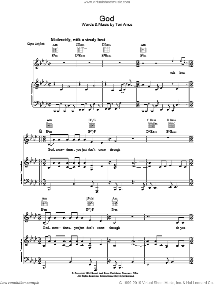 God sheet music for voice, piano or guitar by Tori Amos, intermediate skill level
