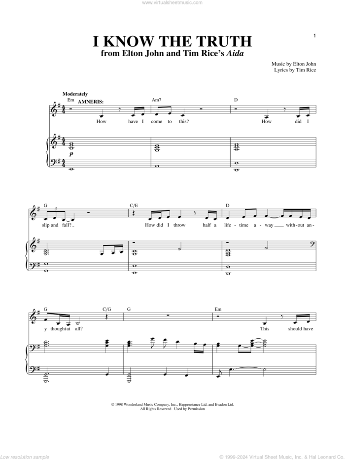 I Know The Truth sheet music for voice and piano by Elton John, Richard Walters and Tim Rice, intermediate skill level