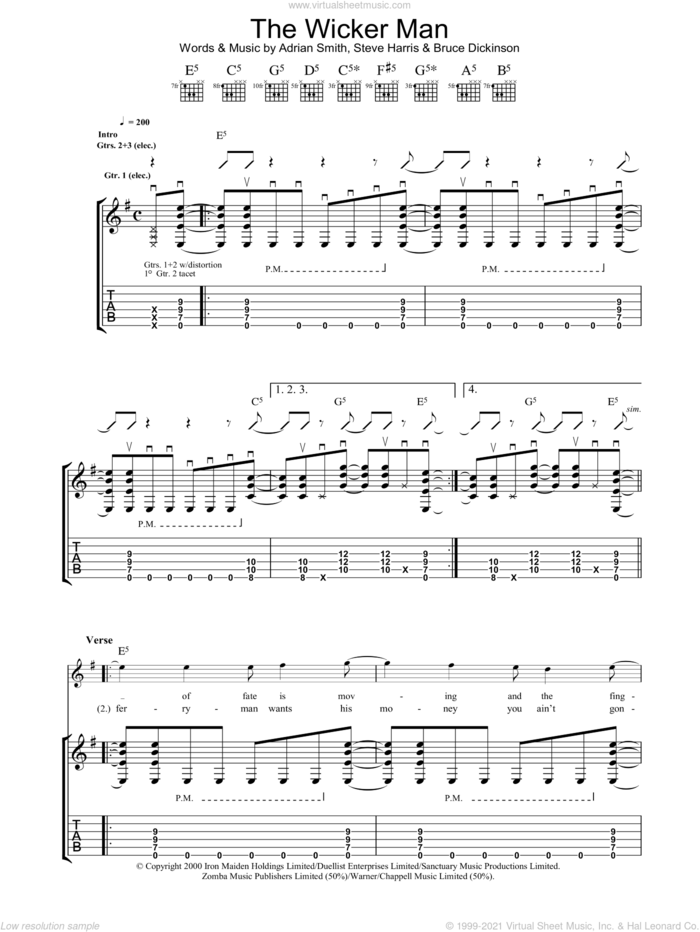 The Wicker Man sheet music for guitar (tablature) by Iron Maiden, Adrian Smith, Bruce Dickinson and Steve Harris, intermediate skill level