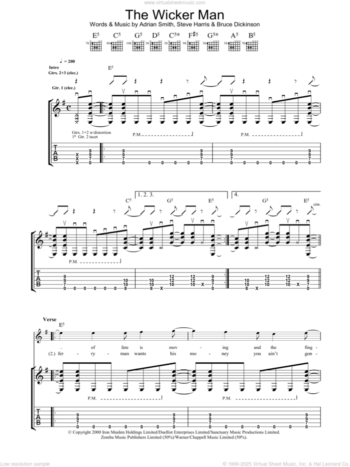 The Wicker Man sheet music for guitar (tablature) by Iron Maiden, Adrian Smith, Bruce Dickinson and Steve Harris, intermediate skill level