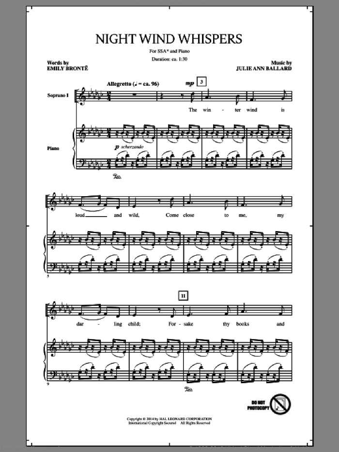 Night Wind Whispers sheet music for choir (SSA: soprano, alto) by Julie Ann Ballard and Emily Bronte, intermediate skill level