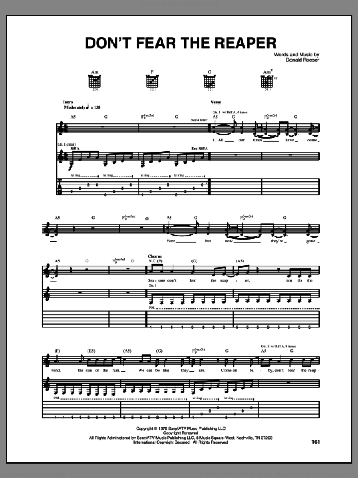 Don't Fear The Reaper sheet music for guitar (tablature) by Blue Oyster Cult and Donald Roeser, intermediate skill level