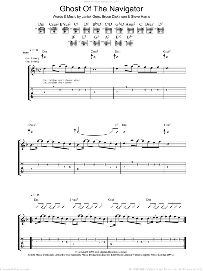 Ghost Of The Navigator sheet music for guitar (tablature) by Iron Maiden, Bruce Dickinson, Janick Gers and Steve Harris, intermediate skill level