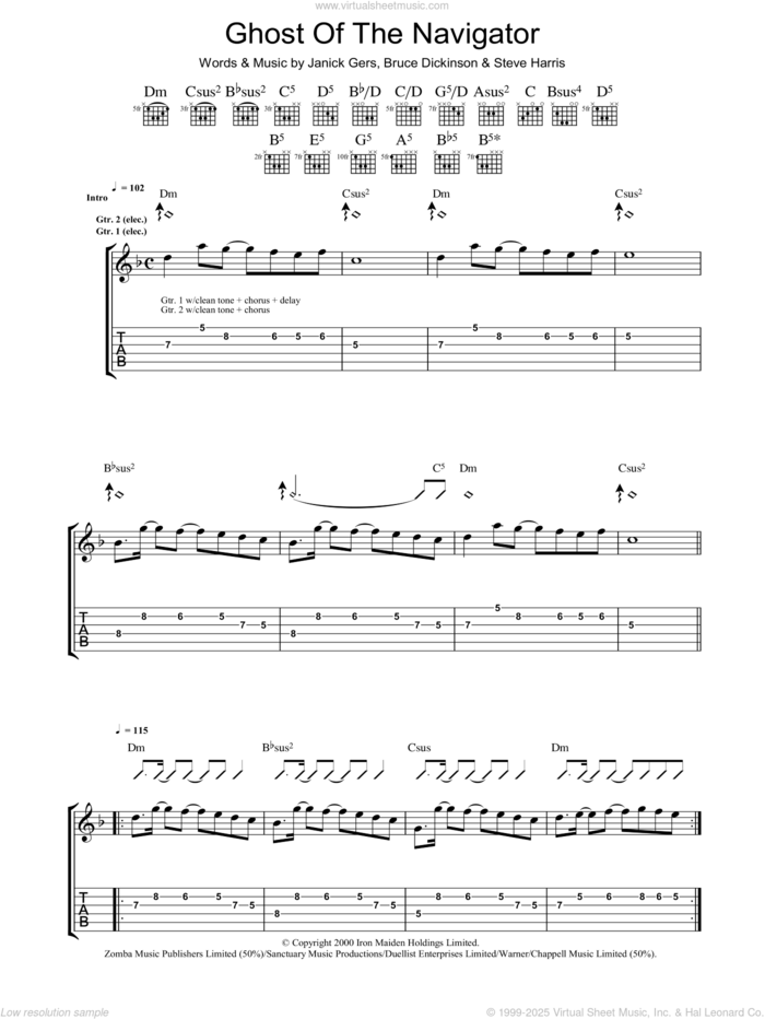 Ghost Of The Navigator sheet music for guitar (tablature) by Iron Maiden, Bruce Dickinson, Janick Gers and Steve Harris, intermediate skill level