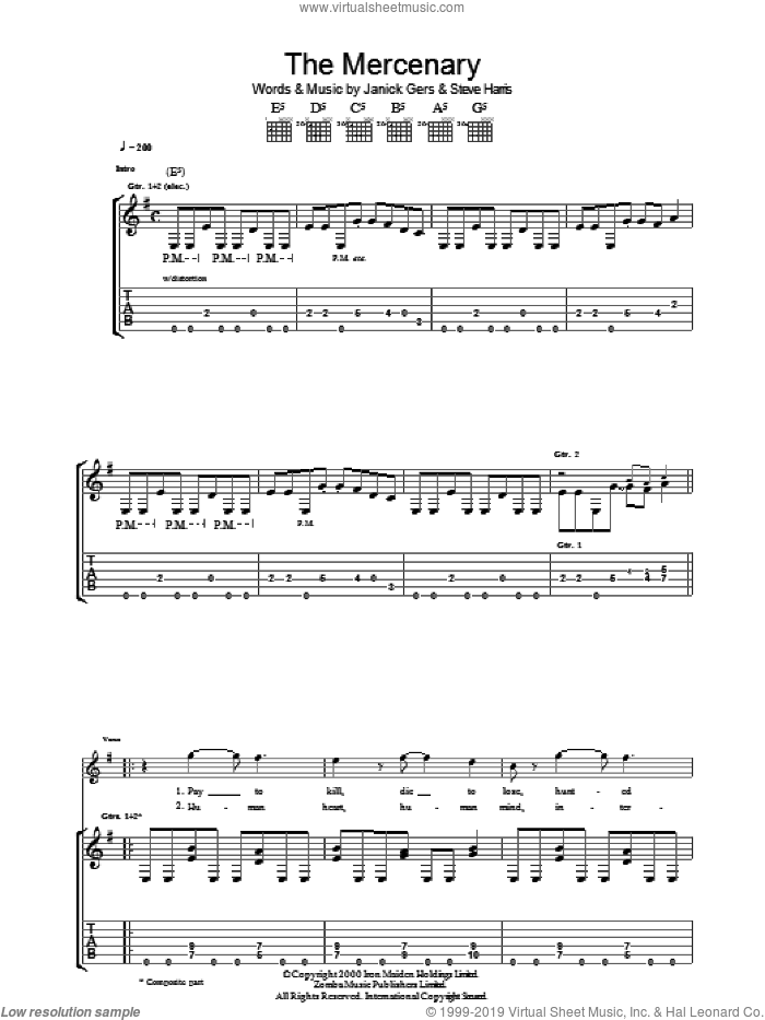 The Mercenary sheet music for guitar (tablature) by Iron Maiden, Janick Gers and Steve Harris, intermediate skill level