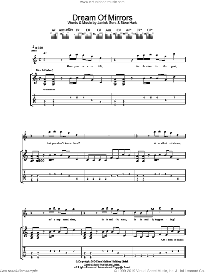 Dream Of Mirrors sheet music for guitar (tablature) by Iron Maiden, Janick Gers and Steve Harris, intermediate skill level