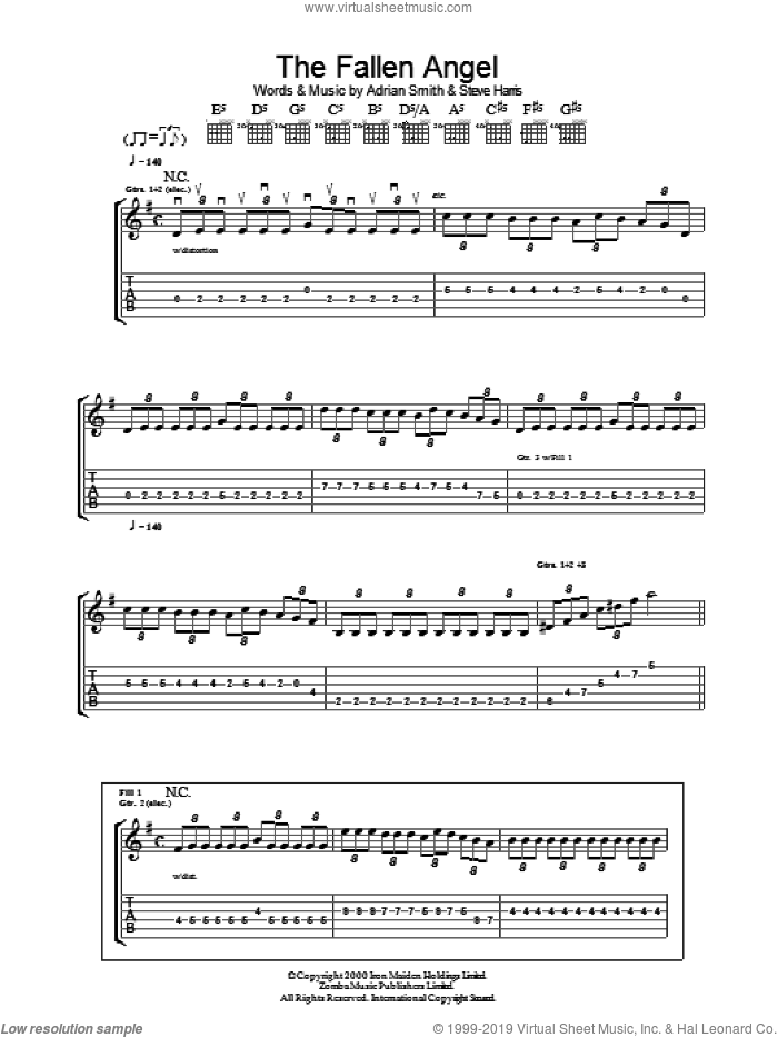 The Fallen Angel sheet music for guitar (tablature) by Iron Maiden, Adrian Smith and Steve Harris, intermediate skill level