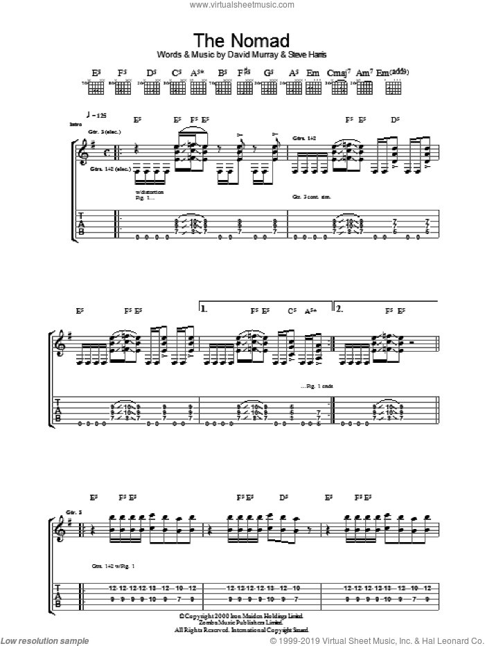 The Nomad sheet music for guitar (tablature) by Iron Maiden, David Murray and Steve Harris, intermediate skill level