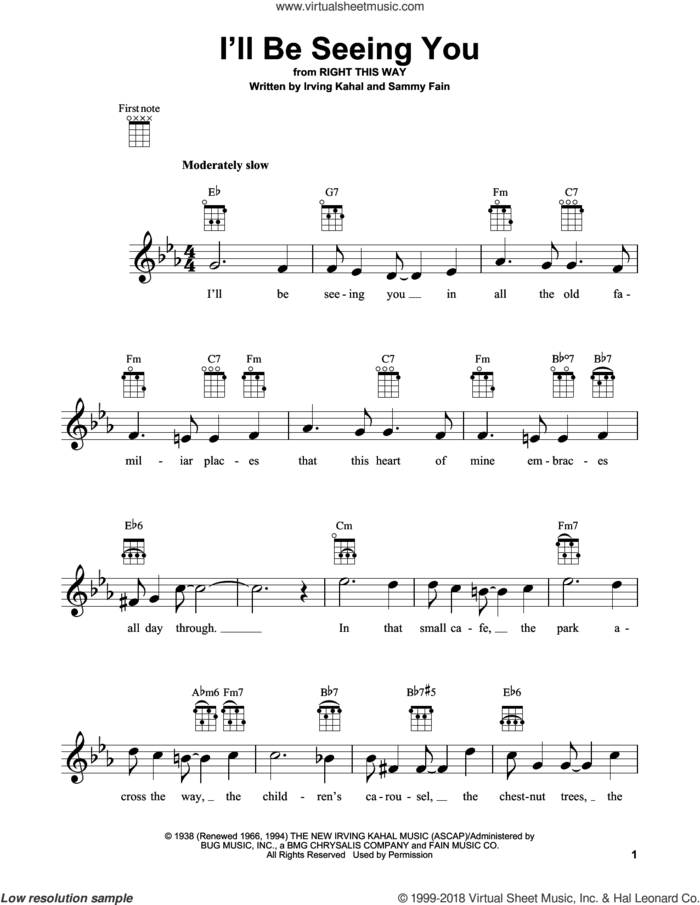 I'll Be Seeing You sheet music for ukulele by Sammy Fain and Irving Kahal, intermediate skill level
