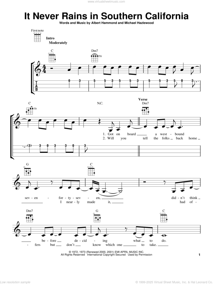 It Never Rains In Southern California sheet music for ukulele by Albert Hammond and Michael Hazlewood, intermediate skill level