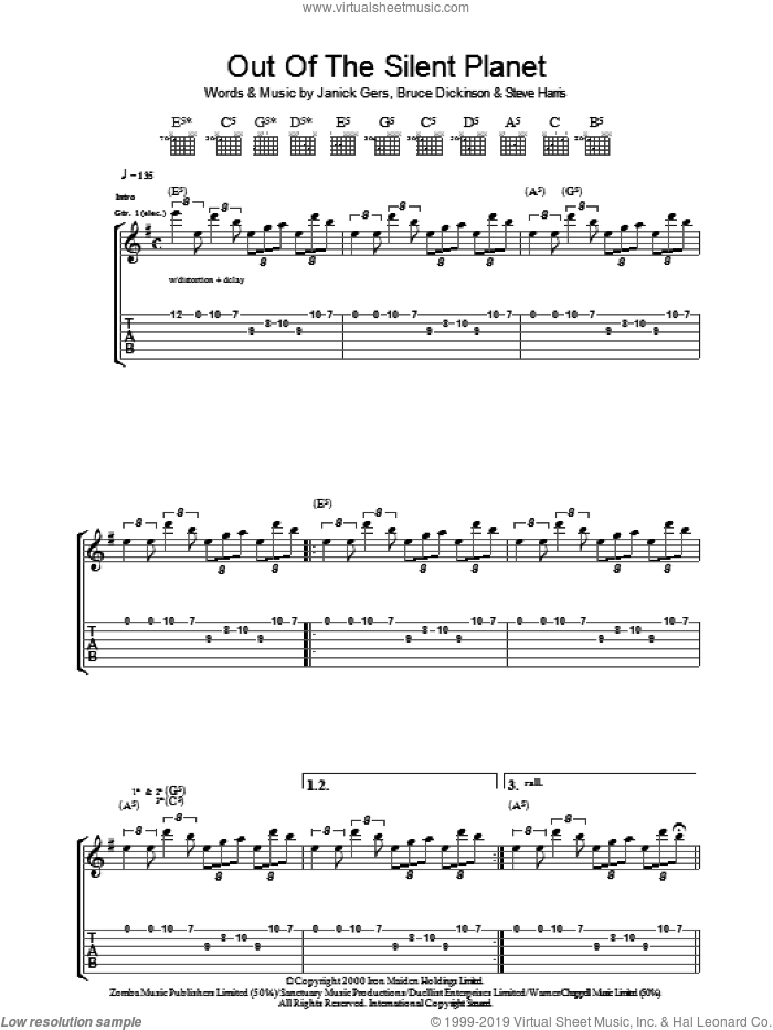 Out Of The Silent Planet sheet music for guitar (tablature) by Iron Maiden, Bruce Dickinson, Janick Gers and Steve Harris, intermediate skill level
