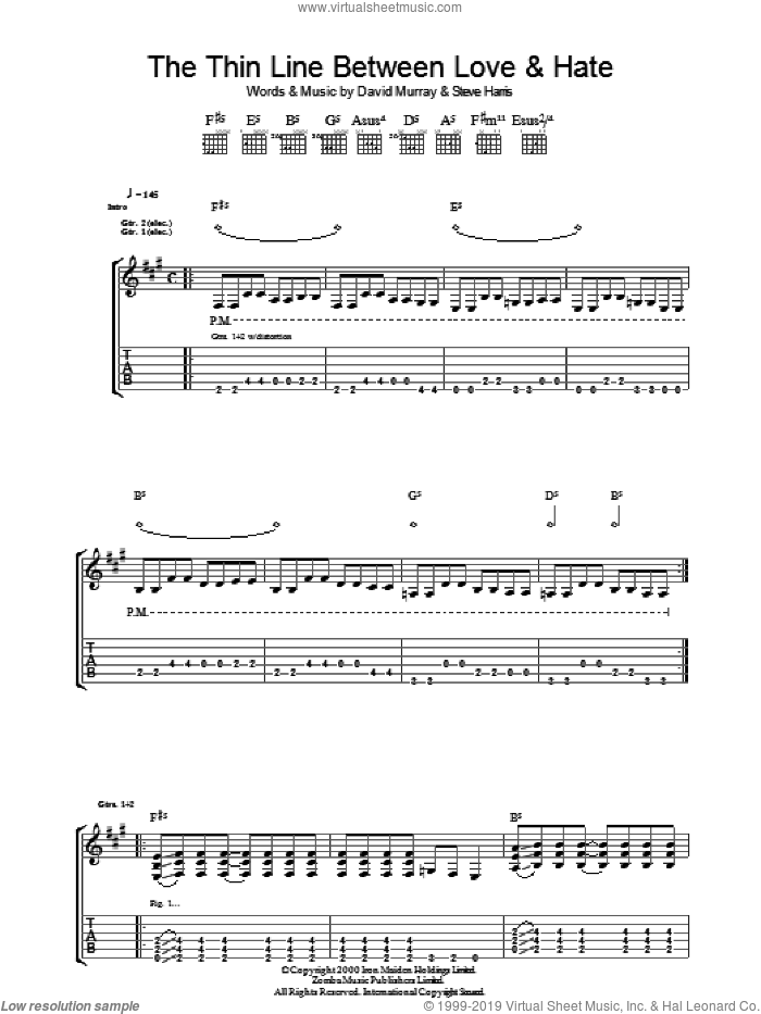 The Thin Line Between Love And Hate sheet music for guitar (tablature) by Iron Maiden, David Murray and Steve Harris, intermediate skill level
