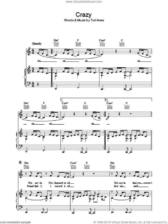 Crazy sheet music for voice, piano or guitar by Tori Amos, intermediate skill level