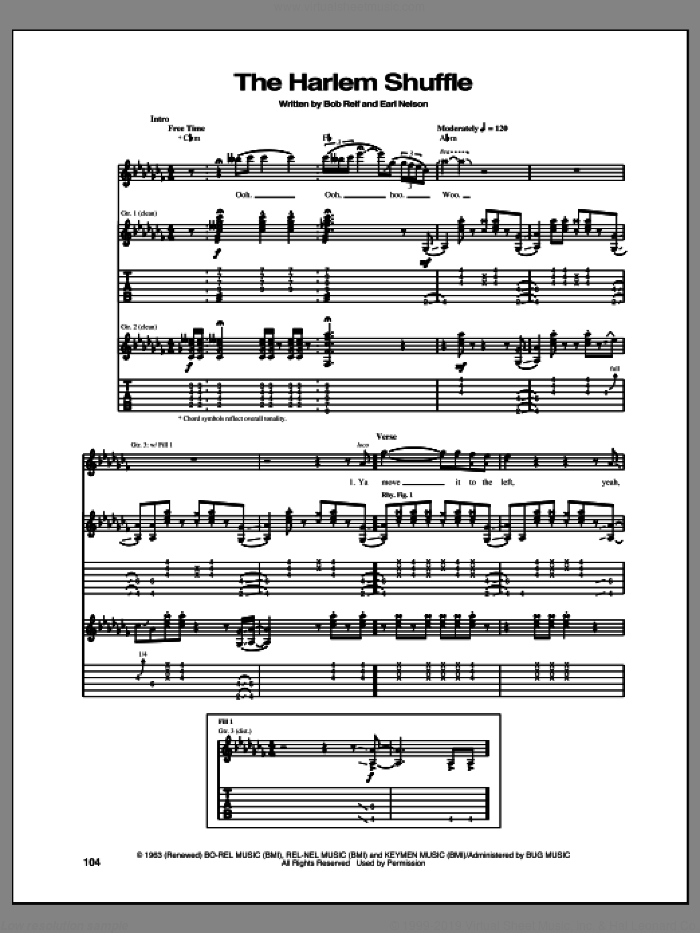 The Harlem Shuffle sheet music for guitar (tablature) by The Rolling Stones, Bob Relf and Earl Nelson, intermediate skill level