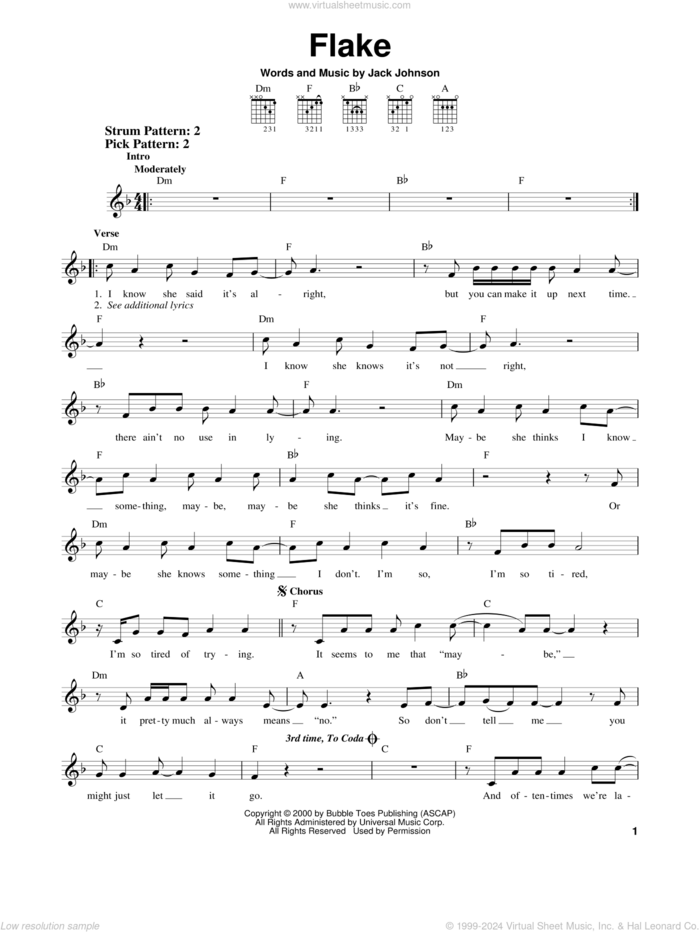 Flake sheet music for guitar solo (chords) by Jack Johnson, easy guitar (chords)