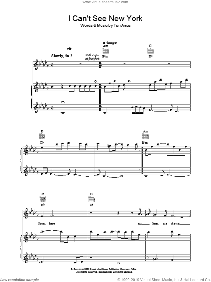 I Can't See New York sheet music for voice, piano or guitar by Tori Amos, intermediate skill level