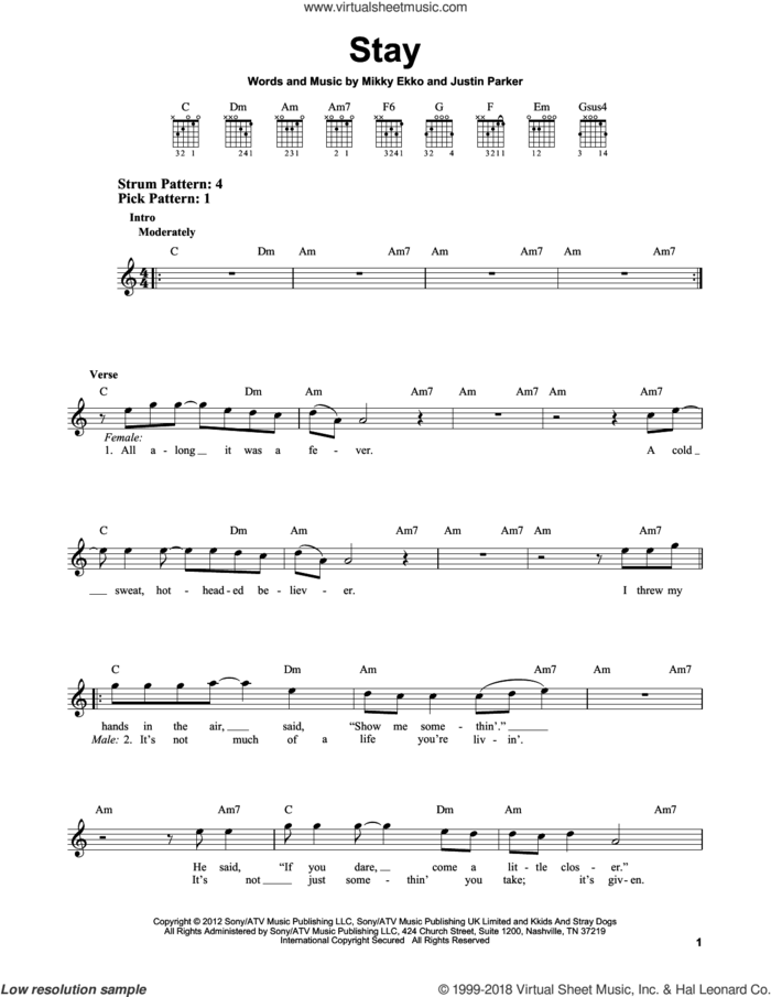 Stay sheet music for guitar solo (chords) by Rihanna, Justin Parker and Mikky Ekko, easy guitar (chords)