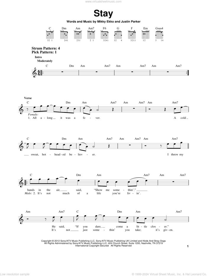 Stay sheet music for guitar solo (chords) by Rihanna, Justin Parker and Mikky Ekko, easy guitar (chords)