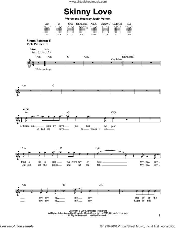 Skinny Love sheet music for guitar solo (chords) by Bon Iver and Justin Vernon, easy guitar (chords)