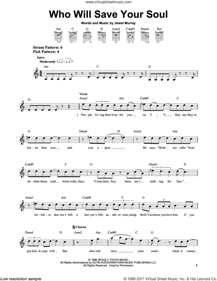 Who Will Save Your Soul sheet music for guitar solo (chords) by Jewel and Jewel Murray, easy guitar (chords)
