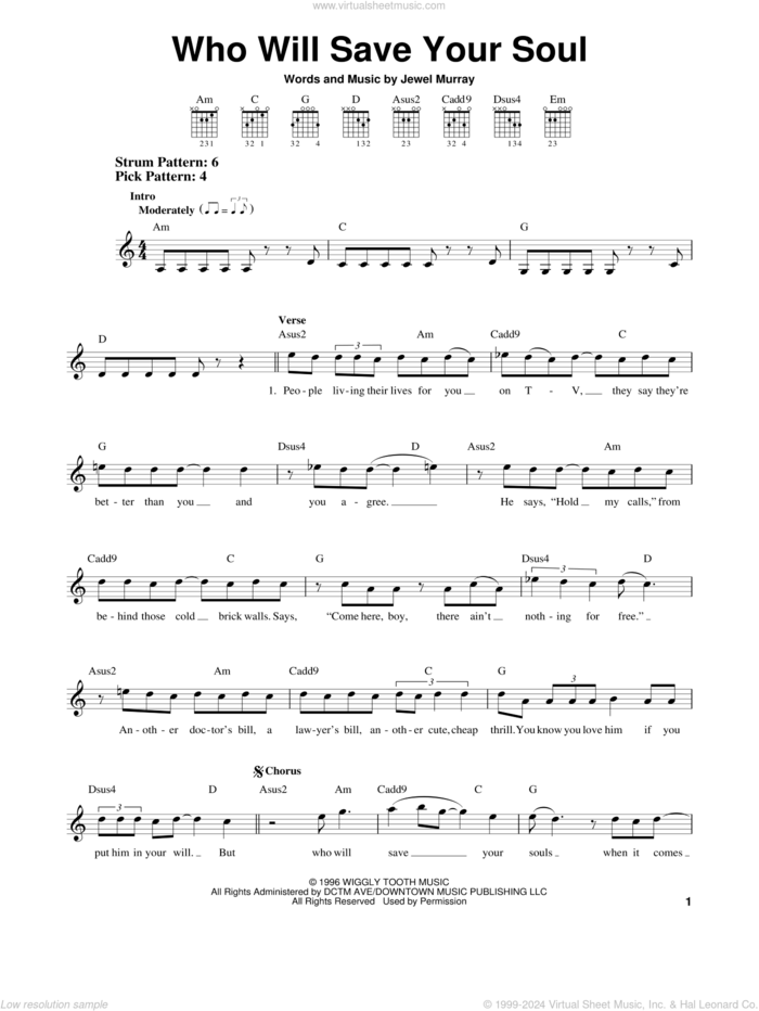 Who Will Save Your Soul sheet music for guitar solo (chords) by Jewel and Jewel Murray, easy guitar (chords)