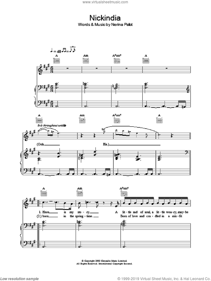 Nickindia sheet music for voice, piano or guitar by Nerina Pallot, intermediate skill level
