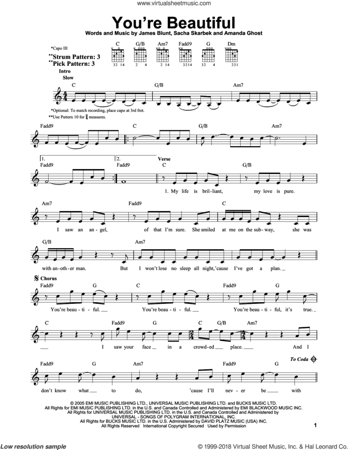 You're Beautiful sheet music for guitar solo (chords) by James Blunt, Amanda Ghost and Sacha Skarbek, wedding score, easy guitar (chords)