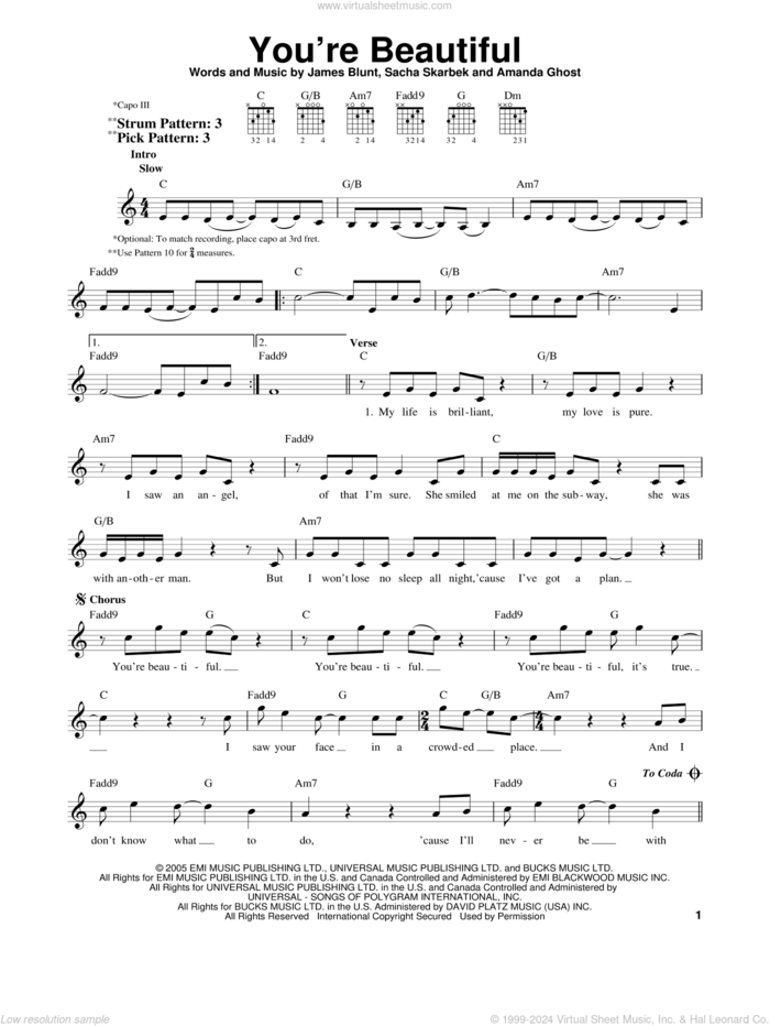 You're Beautiful sheet music for guitar solo (chords) by James Blunt, Amanda Ghost and Sacha Skarbek, wedding score, easy guitar (chords)