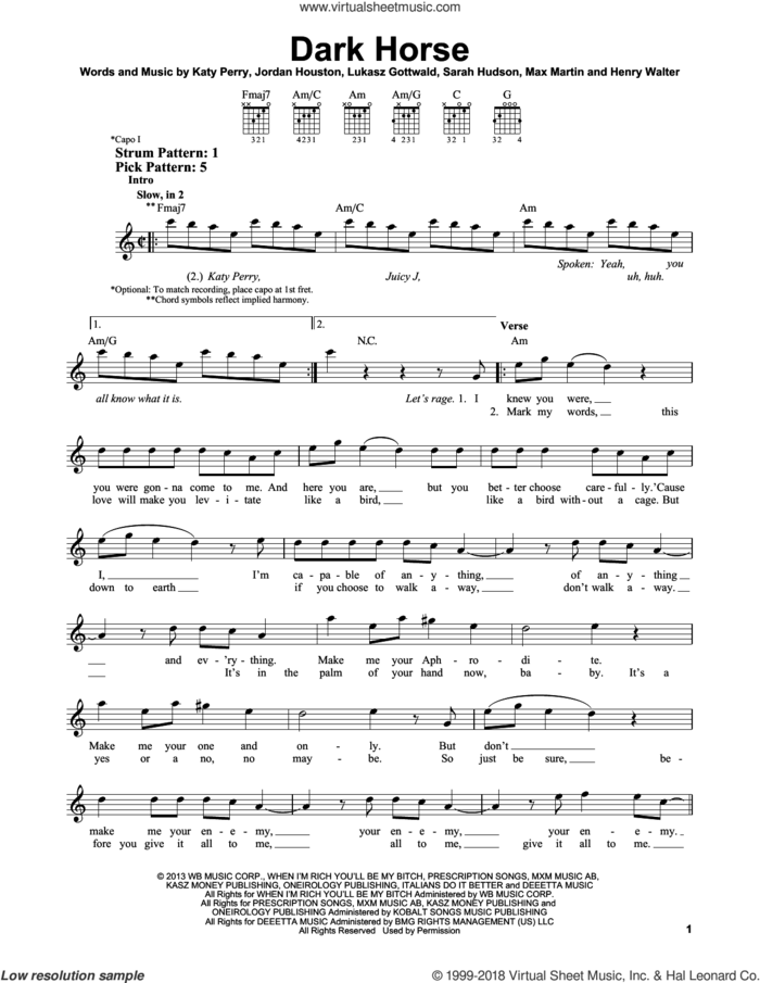 Dark Horse sheet music for guitar solo (chords) by Katy Perry, Henry Walter, Jordan Houston, Lukasz Gottwald, Max Martin and Sarah Hudson, easy guitar (chords)