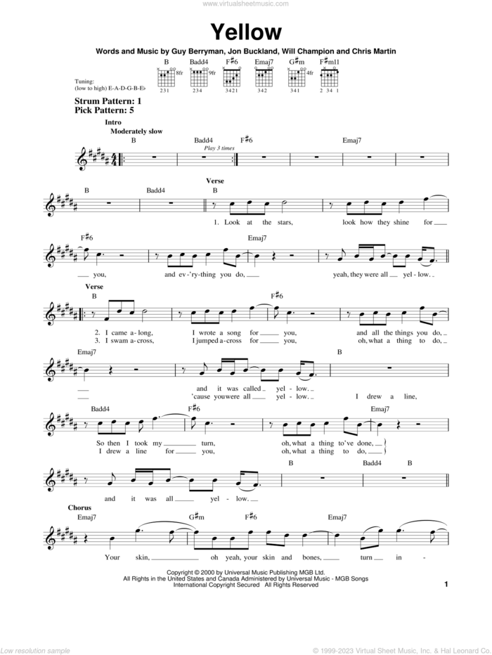 Yellow sheet music for guitar solo (chords) by Coldplay, Chris Martin, Guy Berryman, Jon Buckland and Will Champion, easy guitar (chords)