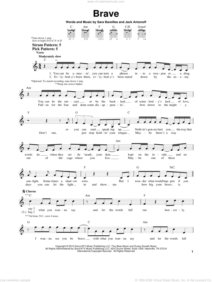 Brave sheet music for guitar solo (chords) by Sara Bareilles and Jack Antonoff, easy guitar (chords)