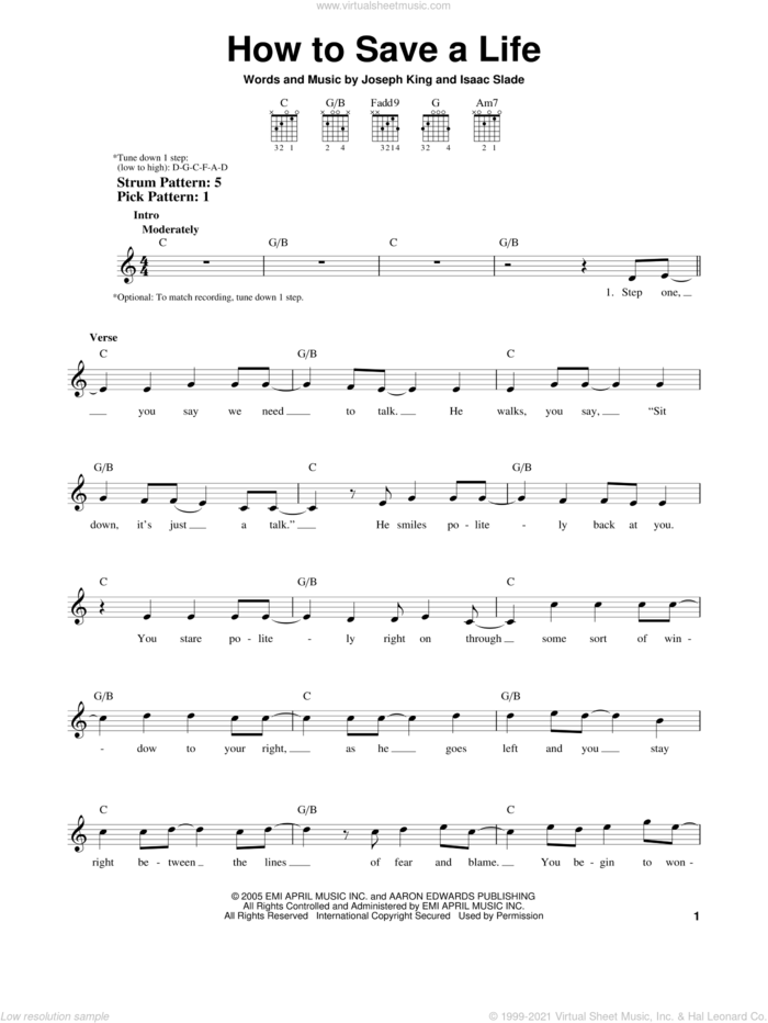 How To Save A Life sheet music for guitar solo (chords) by The Fray, Isaac Slade and Joseph King, easy guitar (chords)