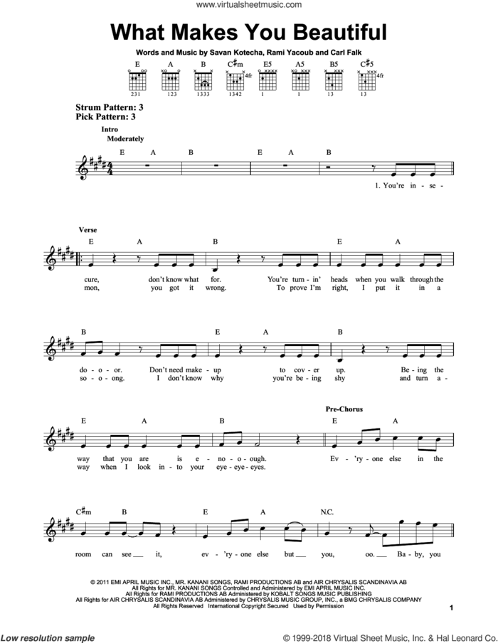 What Makes You Beautiful sheet music for guitar solo (chords) by One Direction, Carl Falk, Rami and Savan Kotecha, easy guitar (chords)