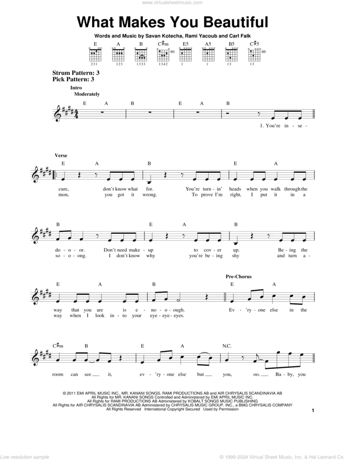 What Makes You Beautiful sheet music for guitar solo (chords) by One Direction, Carl Falk, Rami and Savan Kotecha, easy guitar (chords)