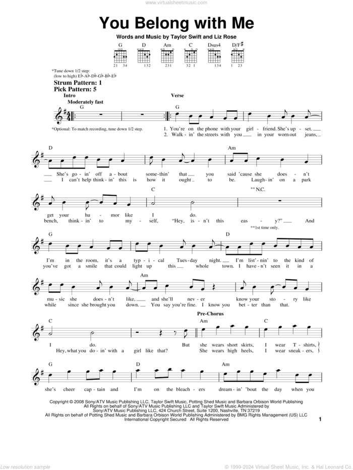 You Belong With Me sheet music for guitar solo (chords) by Taylor Swift and Liz Rose, easy guitar (chords)