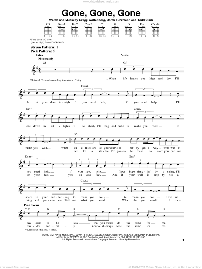 Gone, Gone, Gone sheet music for guitar solo (chords) by Phillip Phillips, Derek Fuhrmann, Gregg Wattenberg and Todd Clark, easy guitar (chords)