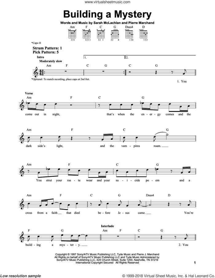 Building A Mystery sheet music for guitar solo (chords) by Sarah McLachlan and Pierre Marchand, easy guitar (chords)
