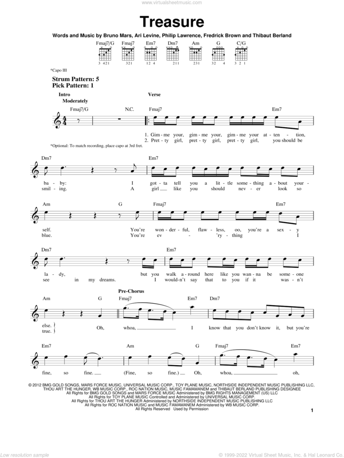 Treasure sheet music for guitar solo (chords) by Bruno Mars, Ari Levine, Fredrick Brown, Philip Lawrence and Thibaut Berland, easy guitar (chords)